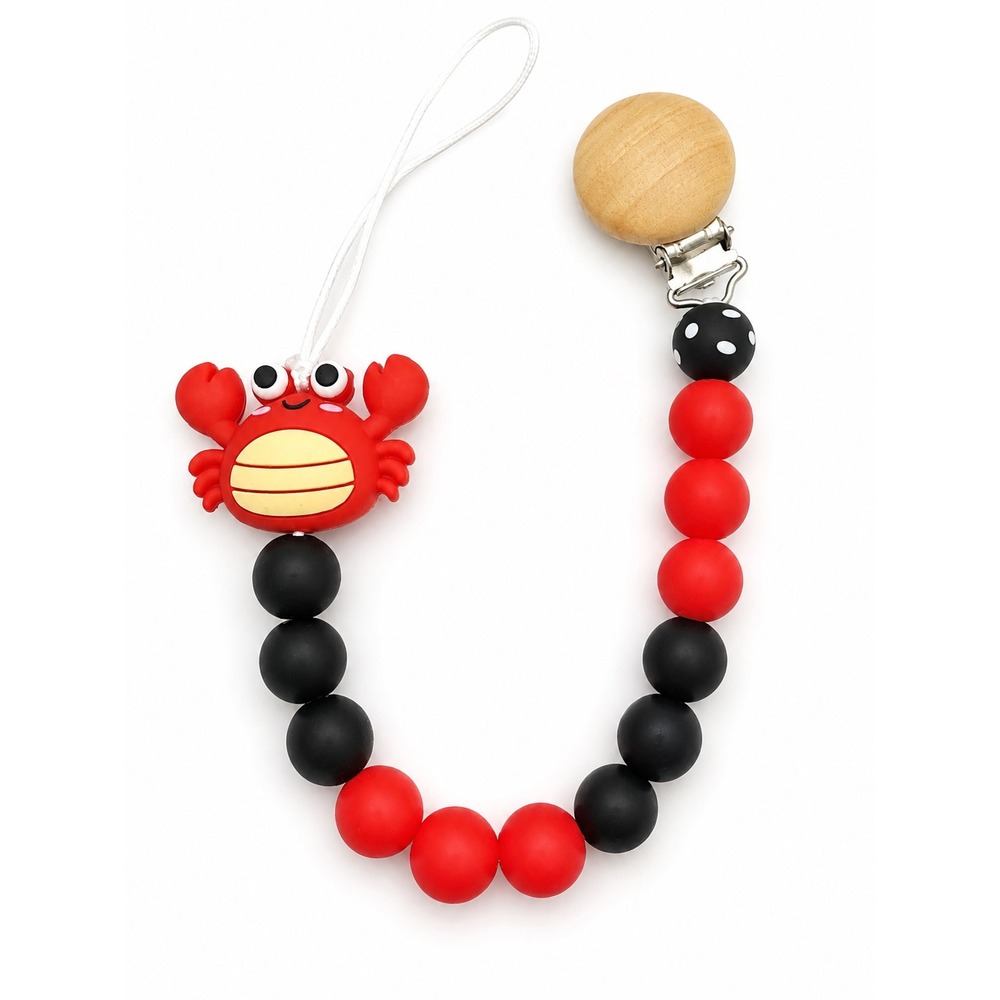 Red Crab Silicone Beaded Pacifier Holder w/ wooden metal clip
